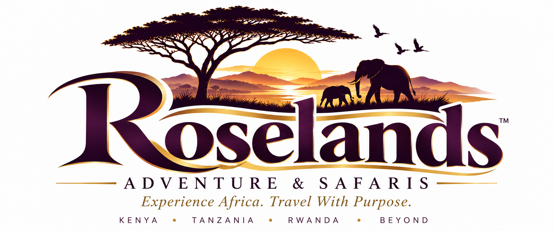 Roselands Adventures & Safaris official horizontal logo with African sunset, acacia tree and elephants